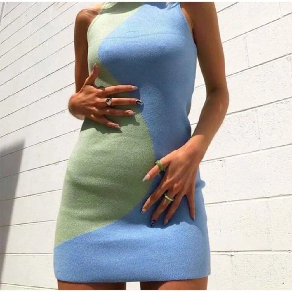 VRG GRL Knitted Mini Dress | Blue & Green | AUS 6 (US XS)